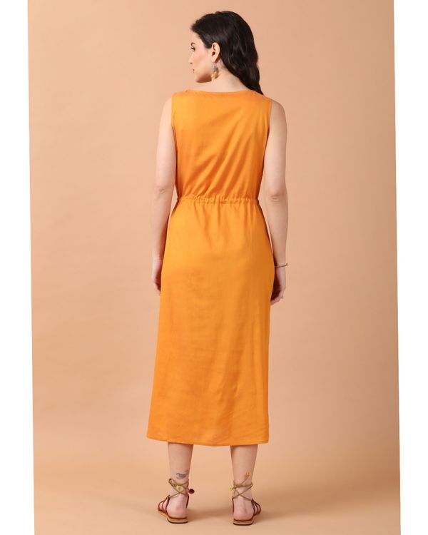 Mustard yellow printed tie-up midi dress 1