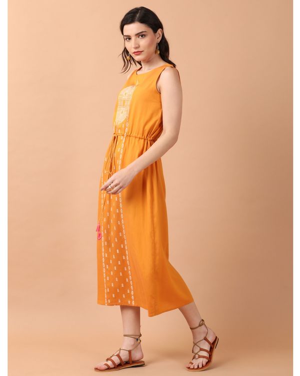 Mustard yellow printed tie-up midi dress 2