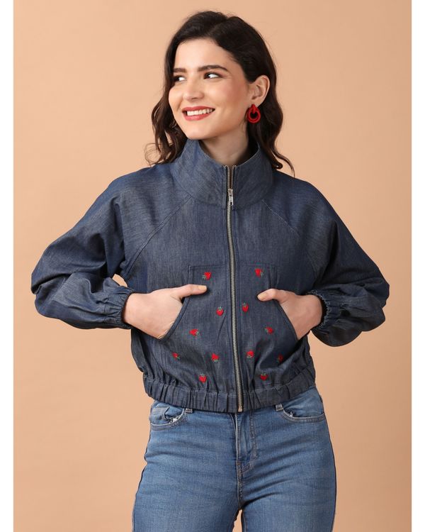 Indigo and red strawberry embroidered jacket 2