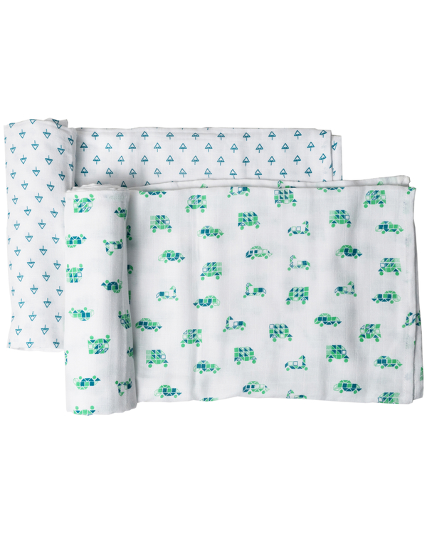 White and green muslin multipurpose baby swaddle - set of two 2
