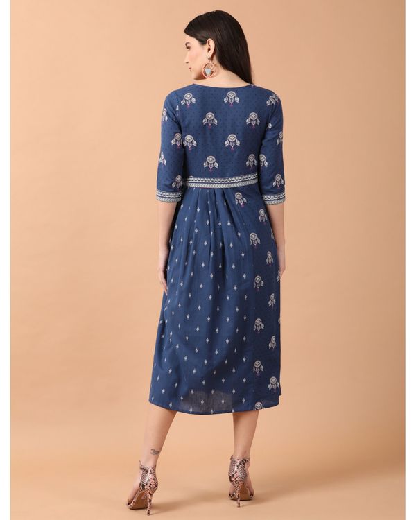 Indigo and white printed tie-up midi dress 1