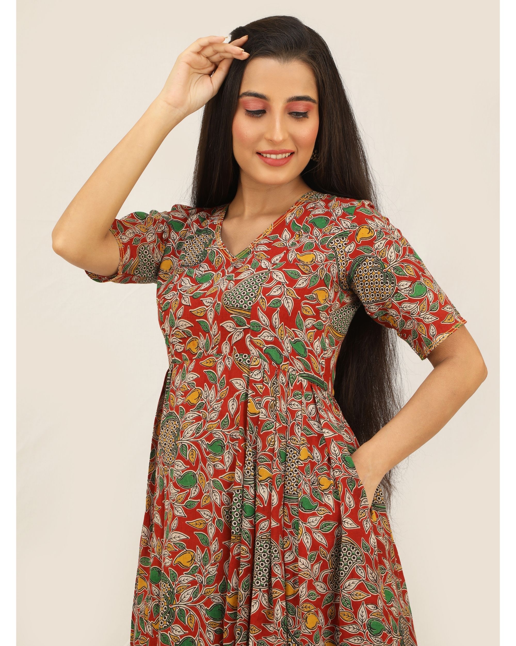 Red and green dahlia printed dress by My Mini Trunk The Secret Label