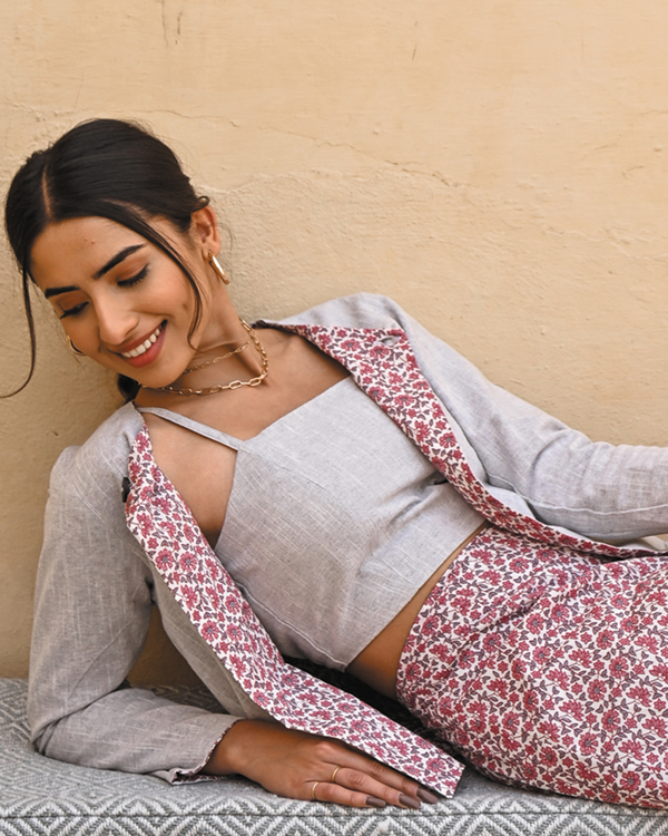 Mauve floral printed jacket and skirt set - set of three 1