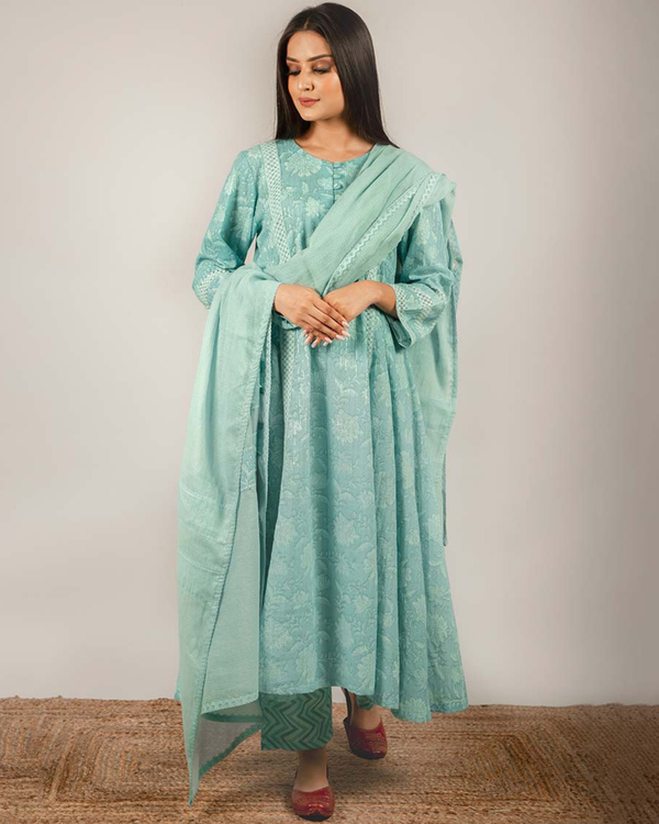 Light teal cotton dupatta with lace 1