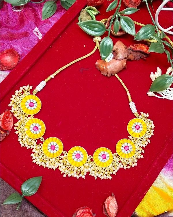 Yellow and pink zari embroidered neckpiece with earrings - set of two 1