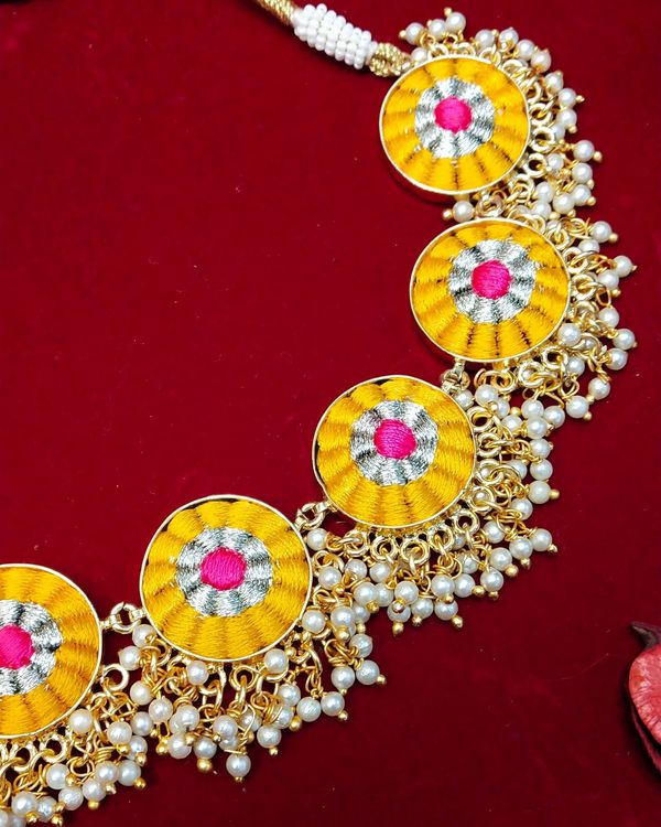 Yellow and pink zari embroidered neckpiece with earrings - set of two 2