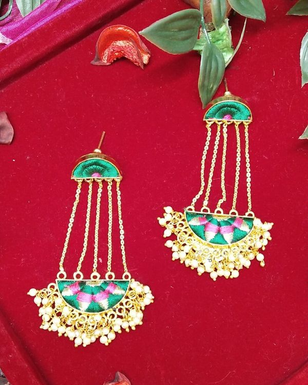 Green and pink zari embroidered beaded earrings 1