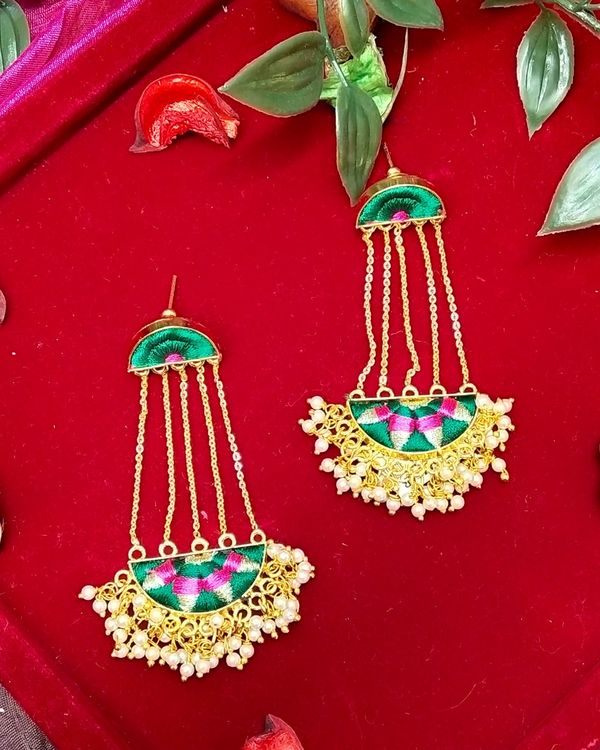 Green and pink zari embroidered beaded earrings 2