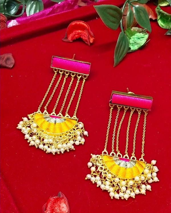 Pink and yellow zari embroidered beaded earrings 1