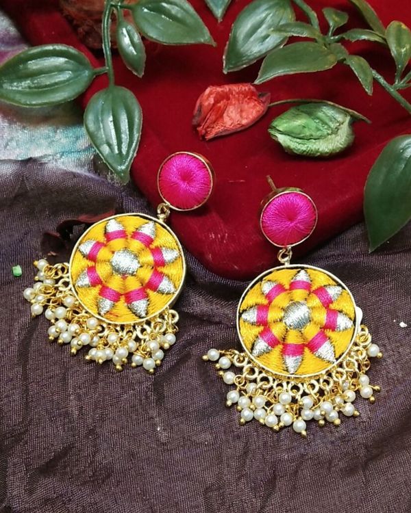 Yellow and pink floral zari embroidered beaded earrings 1