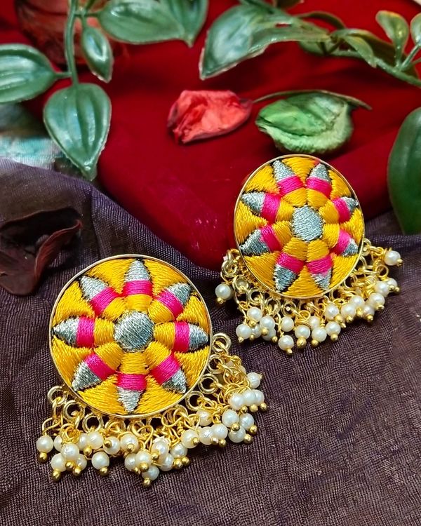 Yellow and pink floral zari embroidered beaded studs 1