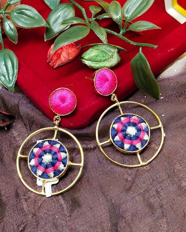Blue and pink zari embroidered wheel earrings 1