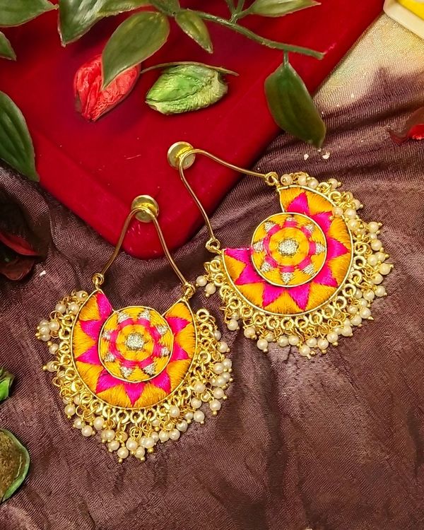 Yellow and pink circular zari embroidered beaded earrings 1
