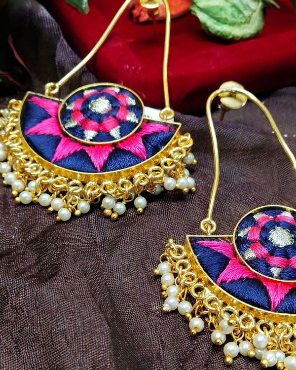 Blue and pink floral zari embroidered beaded earrings 1