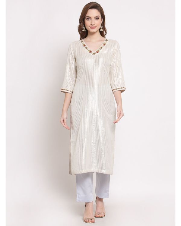 White striped embroidered kurta with pant - set of two 2
