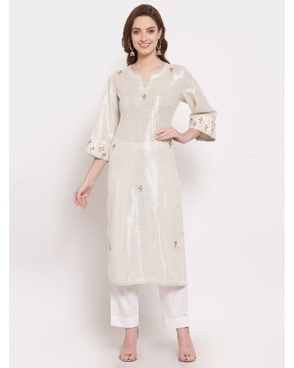 Off-white striped embroidered kurta with pant - set of two 2