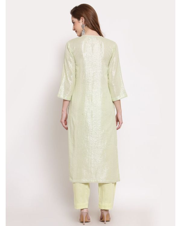 Green and white striped embroidered kurta with pant - set of two 1