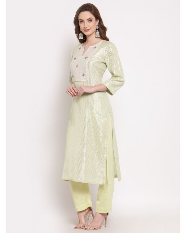 Green and white striped embroidered kurta with pant - set of two 2