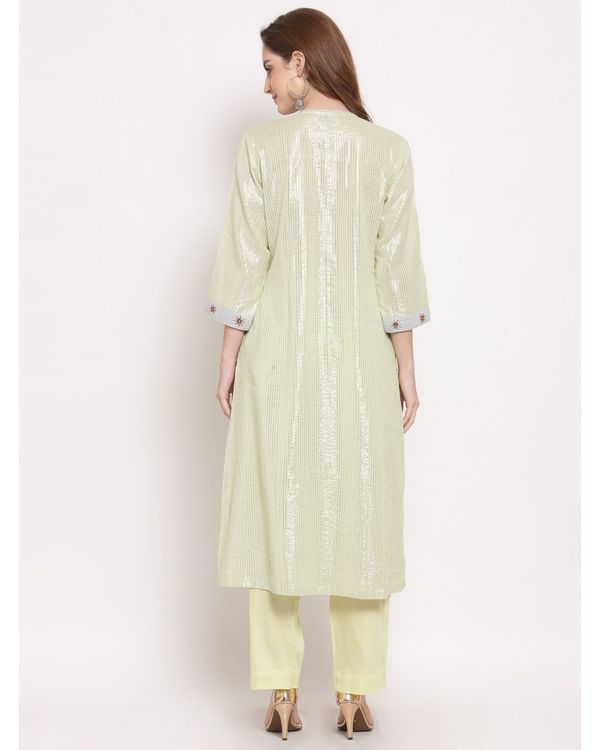 Green and white striped embroidered gathered kurta with pant - set of two 1