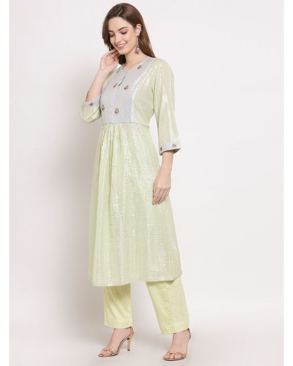 Green and white striped embroidered gathered kurta with pant - set of two 2