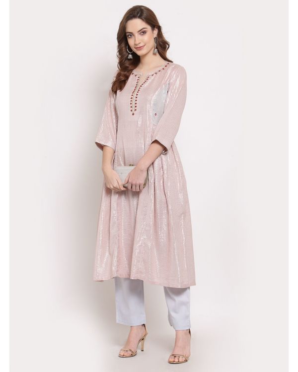 Pink and blue striped embroidered gathered kurta with pant - set of two 2