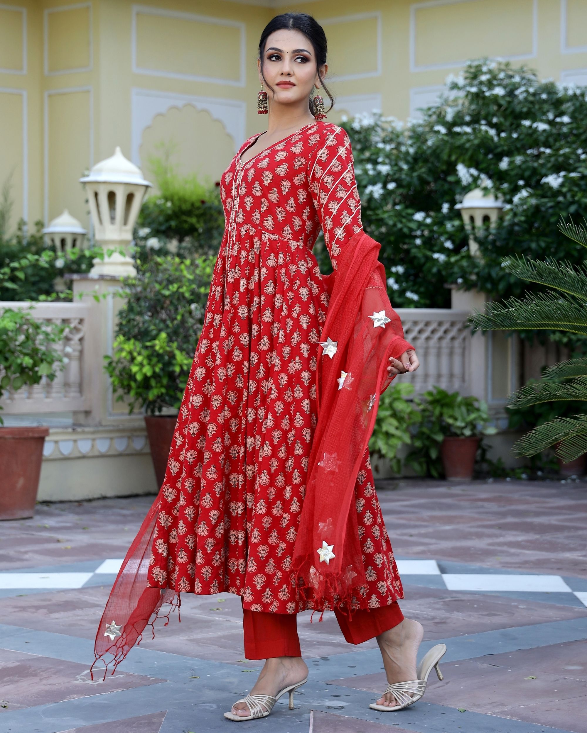 Buy Red Grey Bagru Hand Block Printed Cotton Anarkali Kurta with Palazzo-  Set of 2, BAI_KP_9/BACT14JAN103