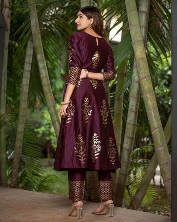 Wine foil printed flared kurta with pant - set of two 1