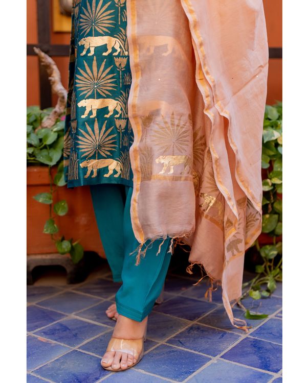 Turquoise tropical printed kurta with pant and dupatta - set of three 1