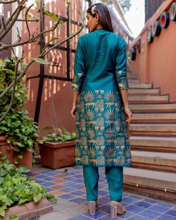 Turquoise tropical printed kurta with pant - set of two 1