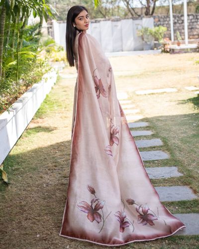 Peach chanderi floral dress by Desi Doree