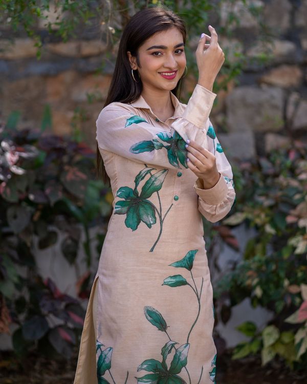 Beige and green floral hand painted kurta with pant - set of two 2