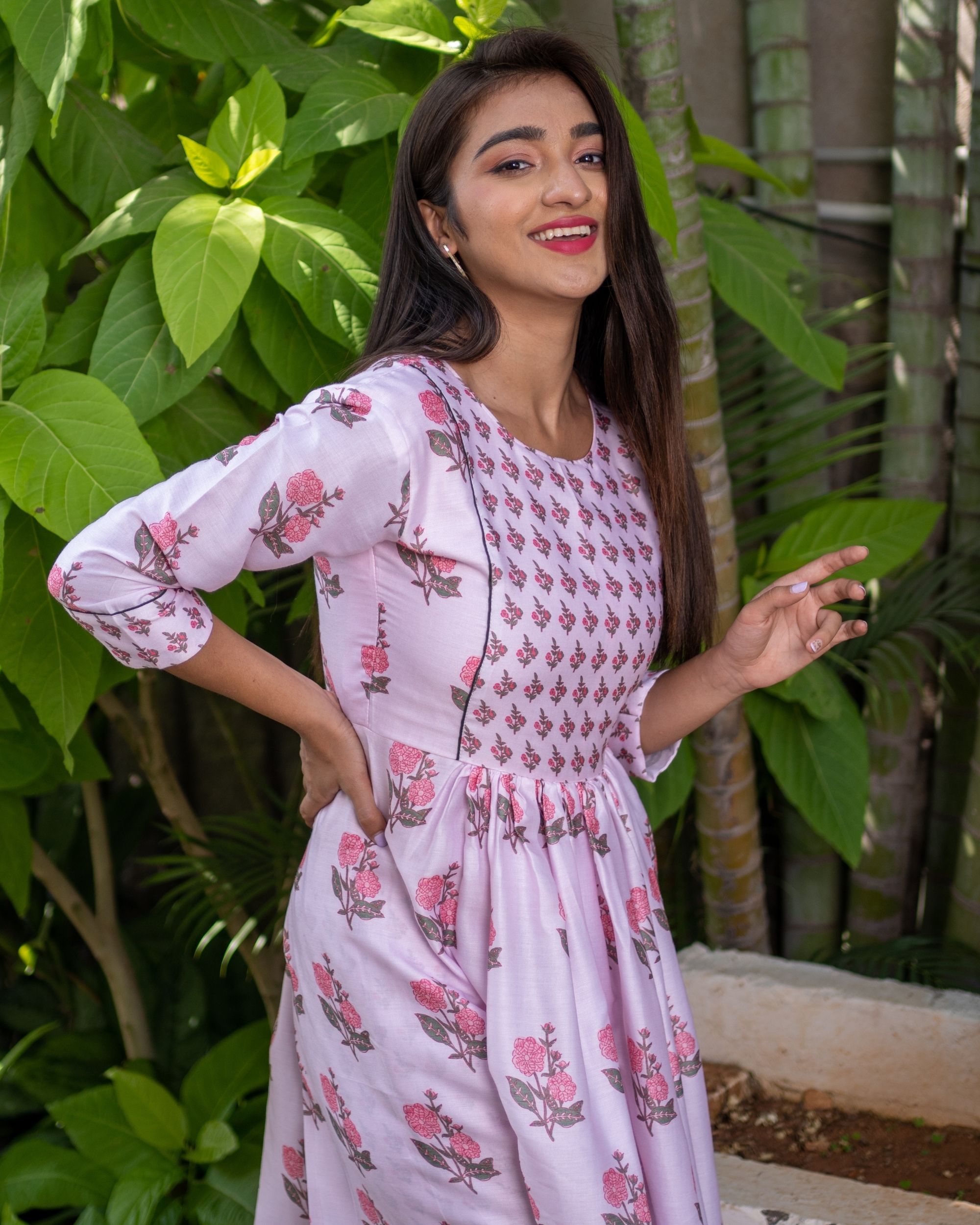 Pastel pink floral printed anarkali kurta with pant - set of two by ...