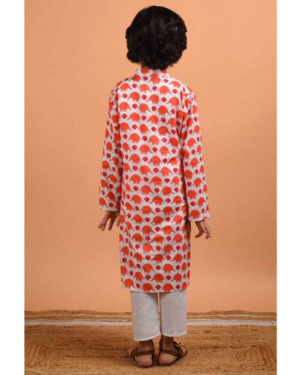 White and orange elephant printed kurta with pyjama - set of two 1