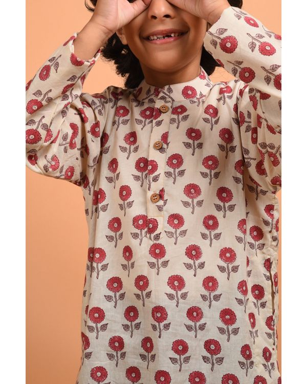 Beige and red boota printed kurta with pyjama - set of two 3