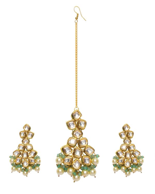 Jade and pearl beaded kundan earrings with maang tikka - set of two 2