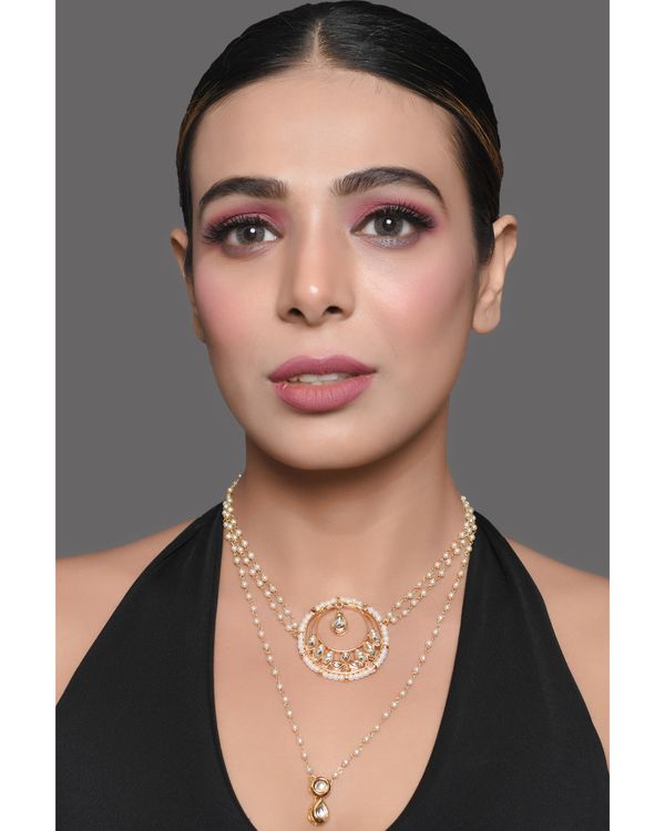 Pearl beaded kundan embellished pendant necklace with pearl beaded chain - set of two 3