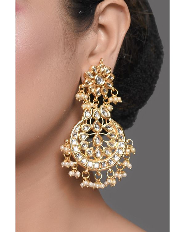 Crescent shaped pearl beaded kundan drop earrings 2