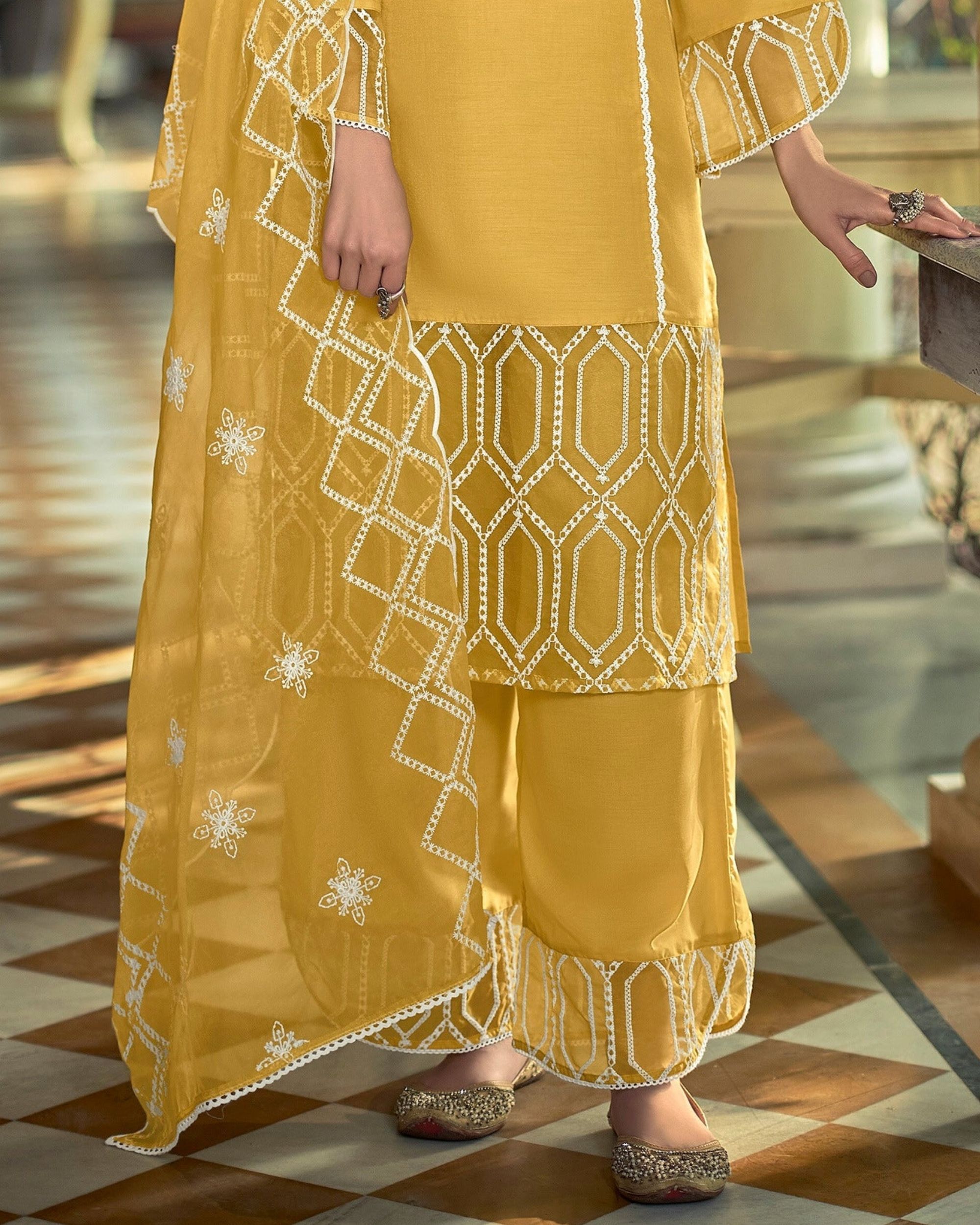 Yellow and white embroidered suit set set of three by Autumn Lane