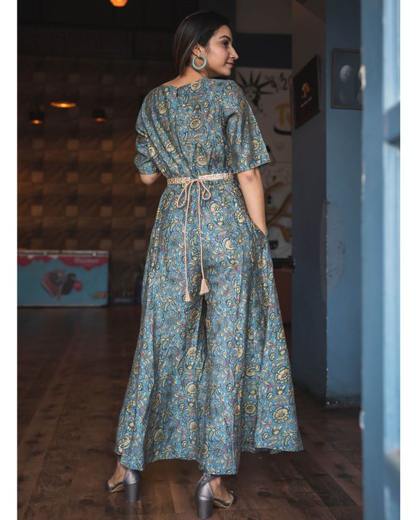 Blue floral printed muslin jumpsuit with embellished belt - set of two 1