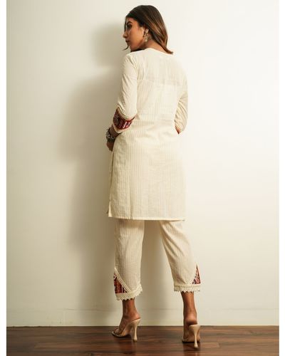 White strips ankle length cotton pant by Keva