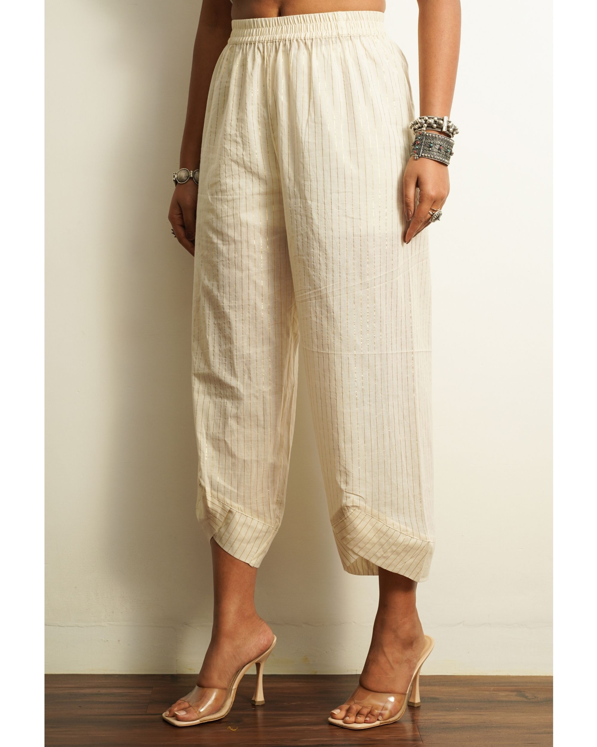 White strips ankle length cotton pant by Keva