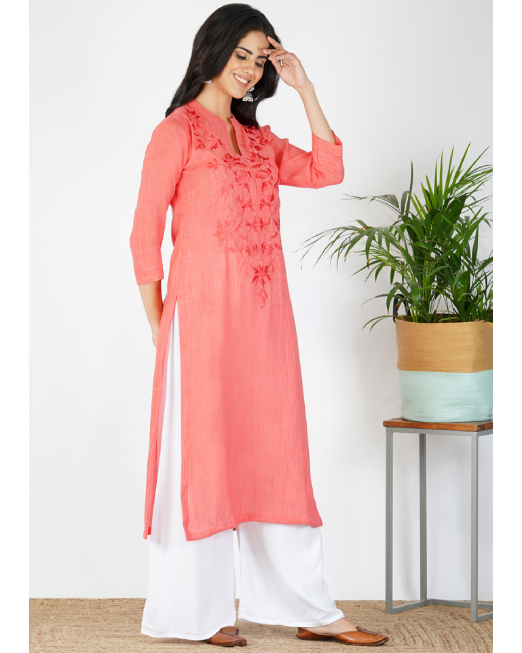 Coral embroidered kurta by Half Full Half Empty The Secret Label