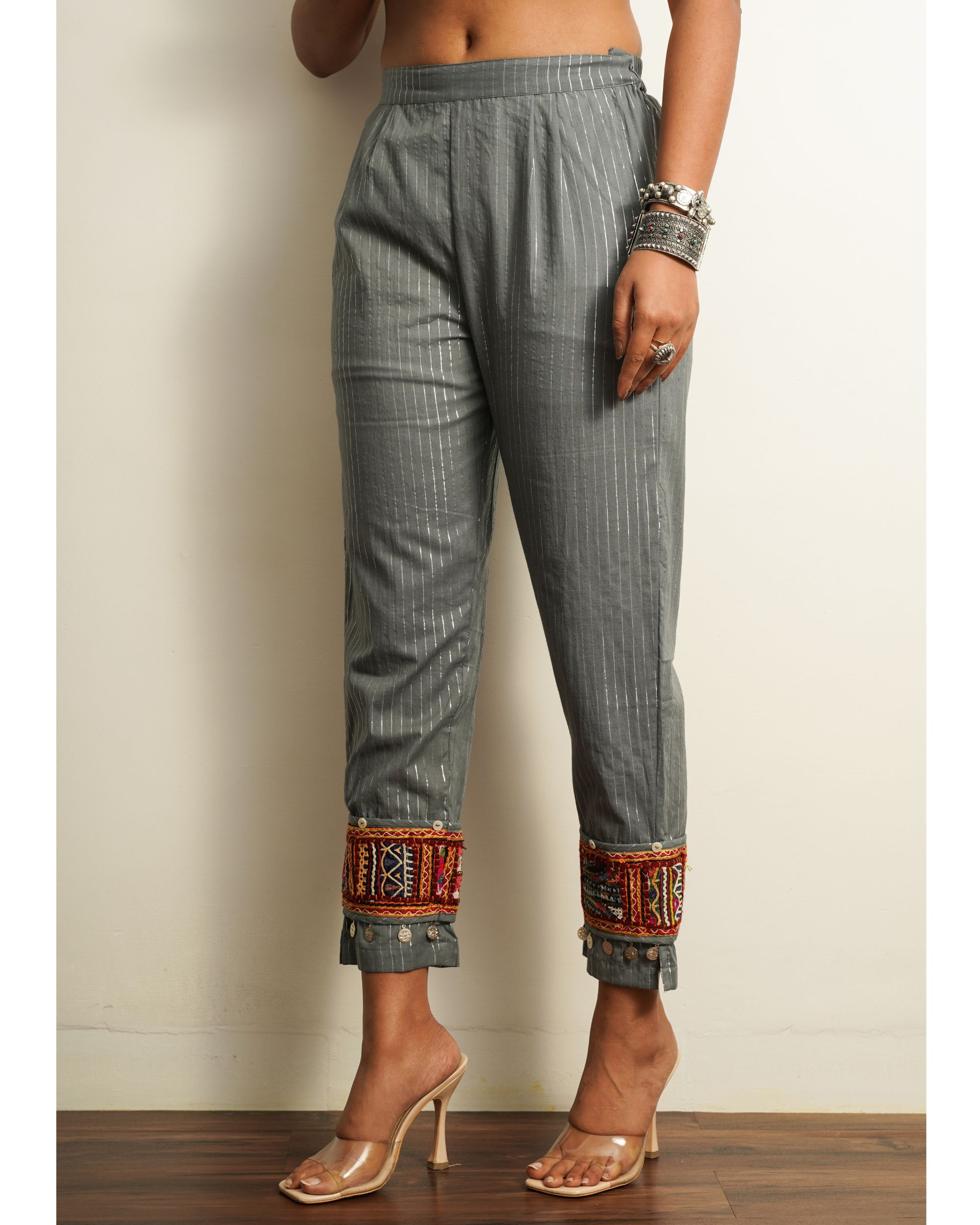 Grey strips ankle length cotton pant by Keva