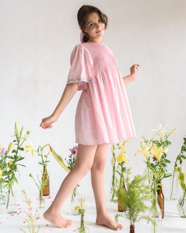 Baby pink pintuck short cotton dress 2