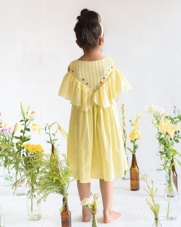 Yellow strips embroidered ruffled dress 1