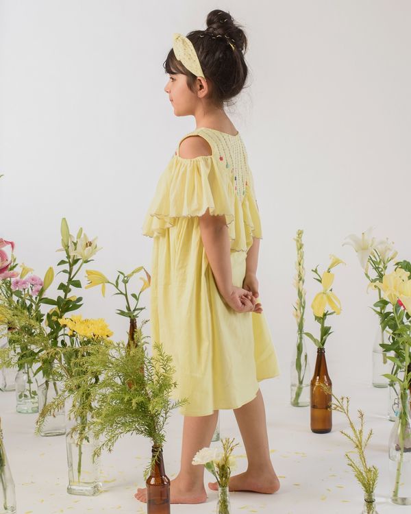 Yellow strips embroidered ruffled dress 2