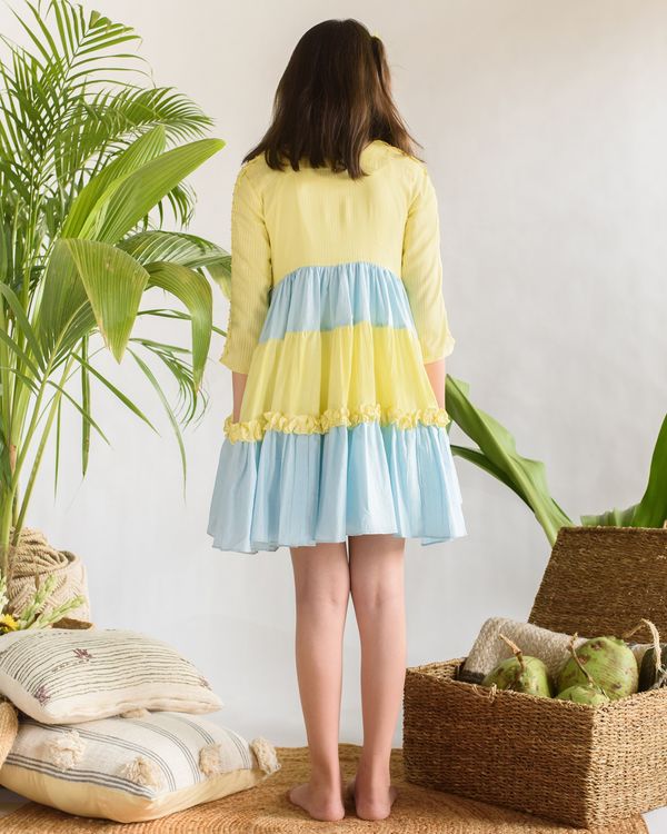 Yellow and blue gathered tier dress 1