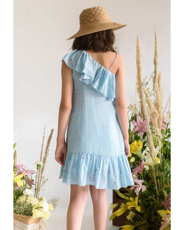 Blue checks and embroidered one-shoulder dress 1