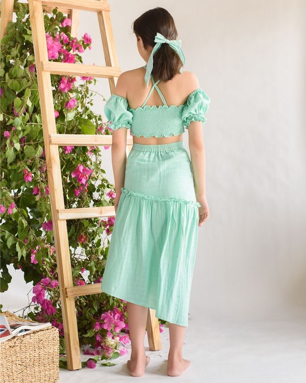 Sea green embroidered elasticated crop top with skirt - set of two 1