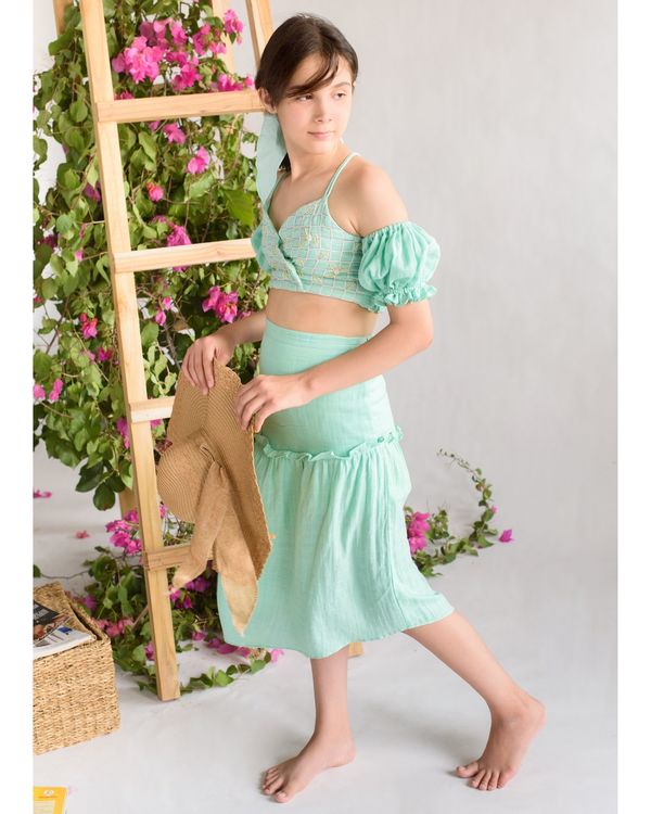 Sea green embroidered elasticated crop top with skirt - set of two 2